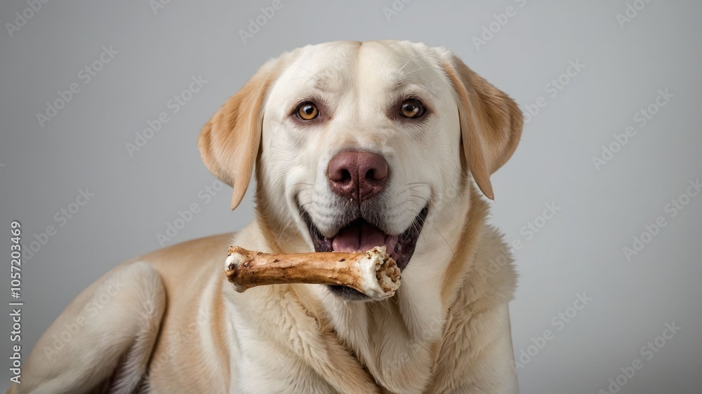A happy dog holding a bone, showcasing a playful and friendly demeanor. A happy dog holding a bone, showcasing a playful and friendly demeanor.