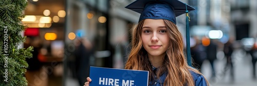 A college graduate dressed in cap and gown displays a Hire Me sign next to greenery in the city, symbolizing the pursuit of professional growth. photo