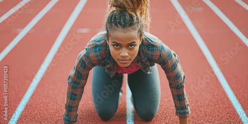 Young woman in a starting position on an athletic track, set against a vibrant sports background, representing motivation and energy. photo