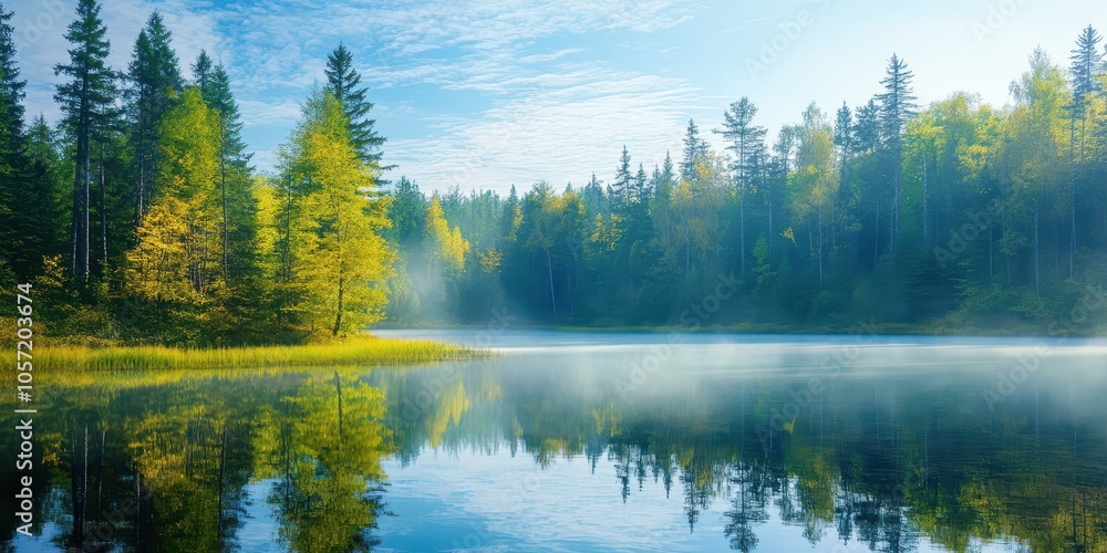 Peaceful morning on a secluded lake in Northern Wisconsin, surrounded by dense woods, capturing the beginning of a new day with serene reflections. Peaceful morning on a secluded lake in Northern Wisconsin, surrounded by dense woods, capturing the beginning of a new day with serene reflections.