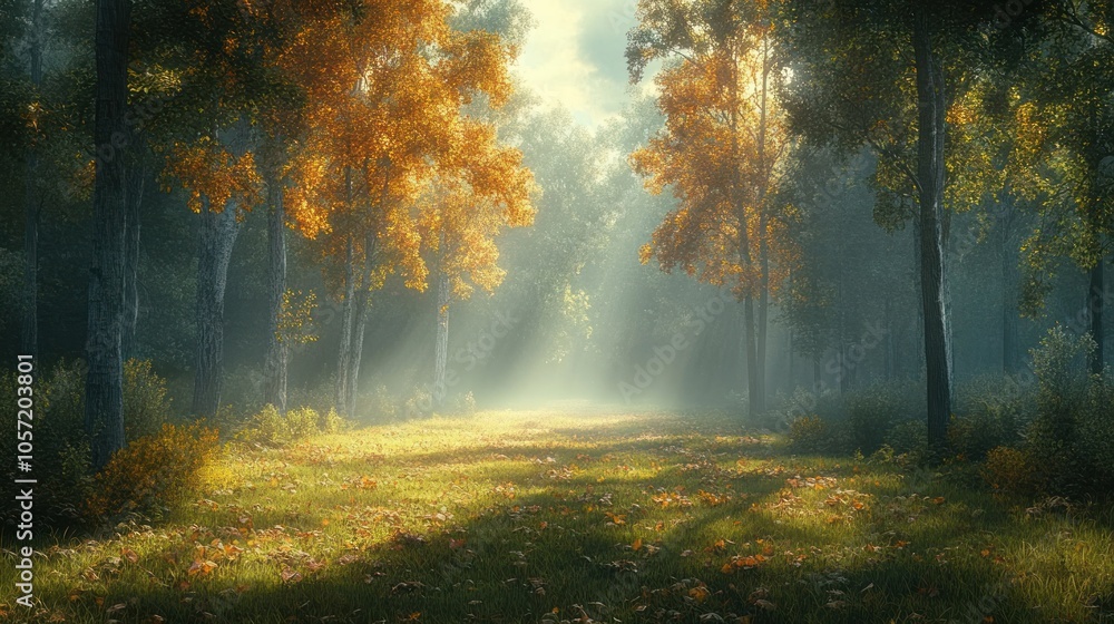 Obraz premium Serene autumn forest path with soft sunlight filtering through trees.
