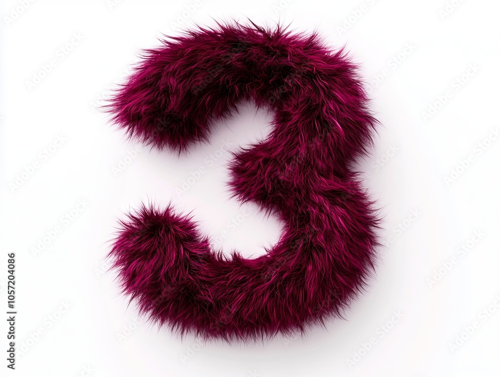 A 3D rendering of the number 3 made of red fur A 3D rendering of the number 3 made of red fur