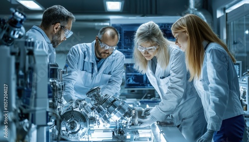 Engineers meeting in a high-tech research lab, working on engine design using modern technology