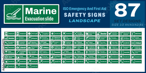 87 set iso emergency and first aid safety signs v54_marine evacuation slide_landscape size 1/2 a4,a3,a2,a1
