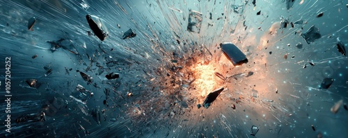Explosion effect depicted through intricate digital design, emphasizing detailed glass shattering visuals