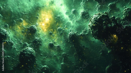 Abstract cosmic scene with green hues and glowing elements.