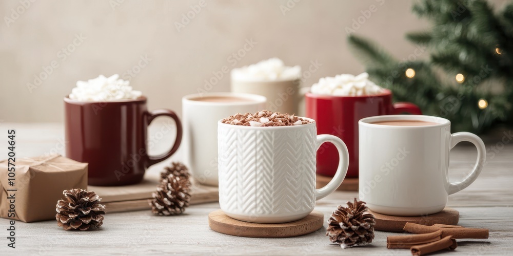 Delicious hot chocolate mugs with marshmallows and pine cones on a cozy tabletop, perfect for winter gatherings. Delicious hot chocolate mugs with marshmallows and pine cones on a cozy tabletop, perfect for winter gatherings.