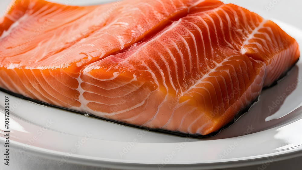 A close-up of fresh salmon fillet with vibrant orange-pink color and marbling. A close-up of fresh salmon fillet with vibrant orange-pink color and marbling.