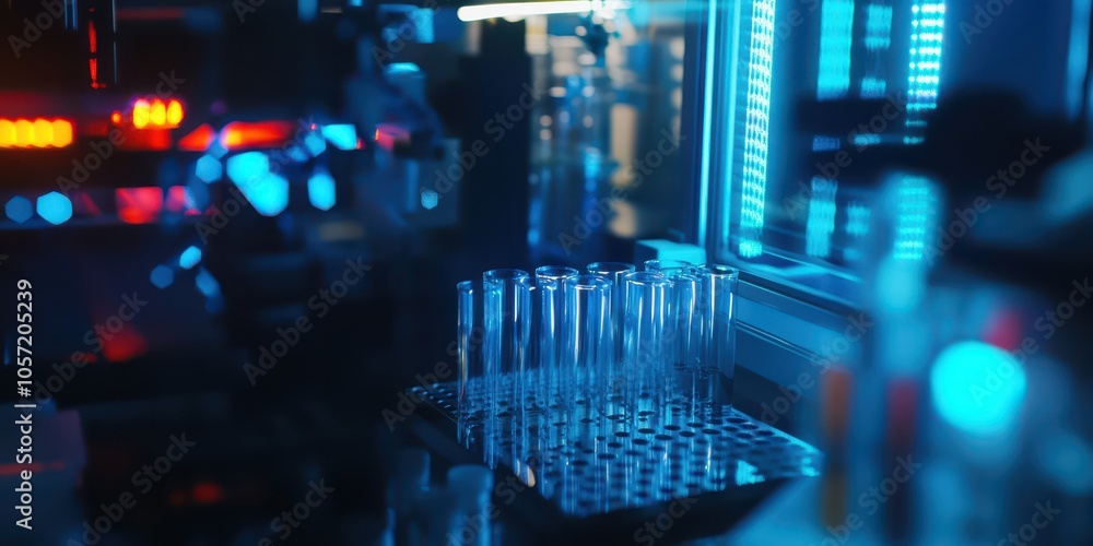 Biotechnology lab setup with test tubes and advanced equipment, emphasizing scientific innovation against a solid background. Biotechnology lab setup with test tubes and advanced equipment, emphasizing scientific innovation against a solid background.