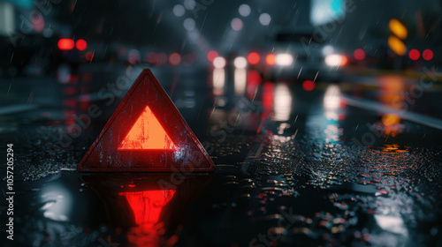 Red emergency triangle sign on the road in rainy weather