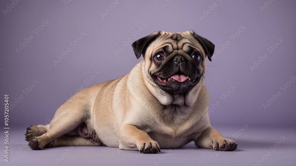 A cheerful pug lying on a purple background, showcasing its playful demeanor. A cheerful pug lying on a purple background, showcasing its playful demeanor.