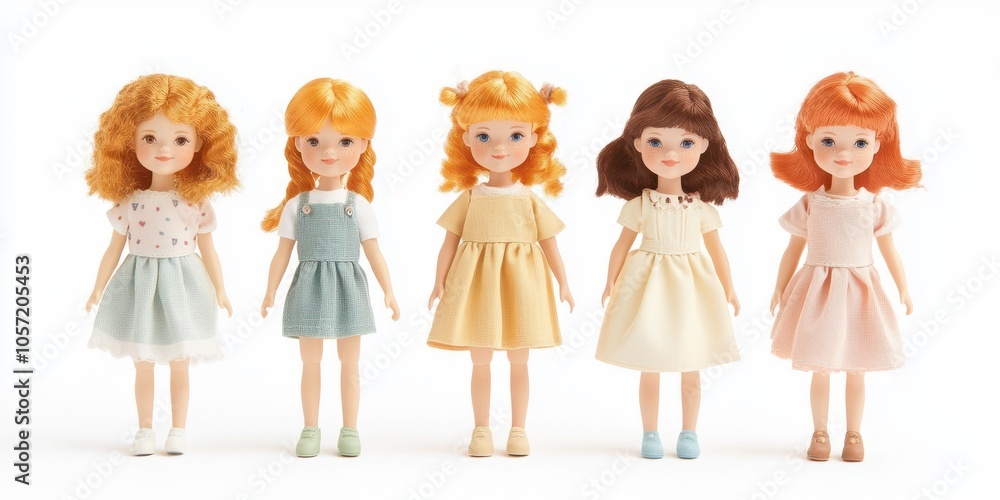 Five charming dolls with vibrant hair and stylish dresses, displayed against a white background. Five charming dolls with vibrant hair and stylish dresses, displayed against a white background.