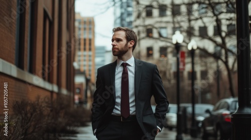 Businessman in professional attire in city setting, urban background, corporate environment