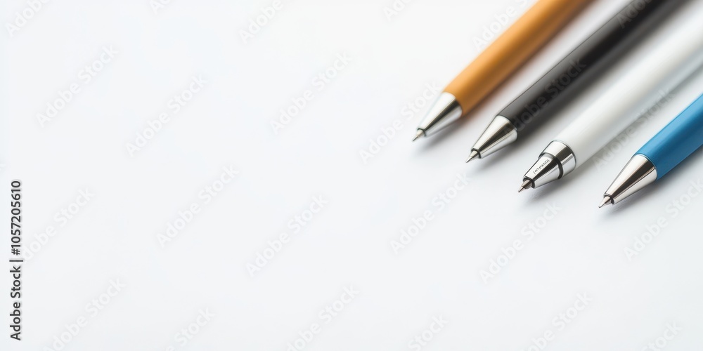 Four modern ballpoint pens in various colors on a white background. Four modern ballpoint pens in various colors on a white background.