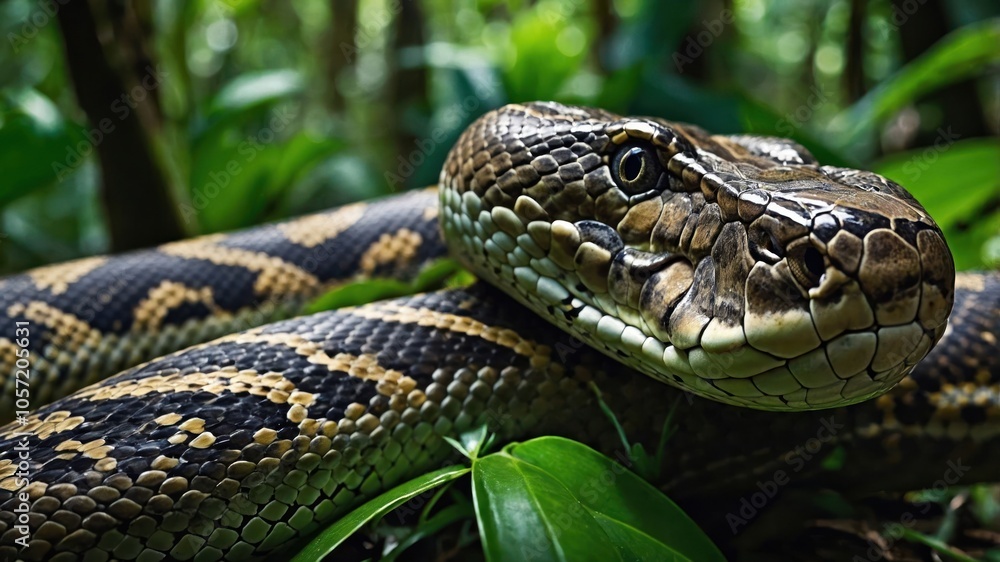 A close-up of a snake resting among lush green foliage in a tropical environment. A close-up of a snake resting among lush green foliage in a tropical environment.