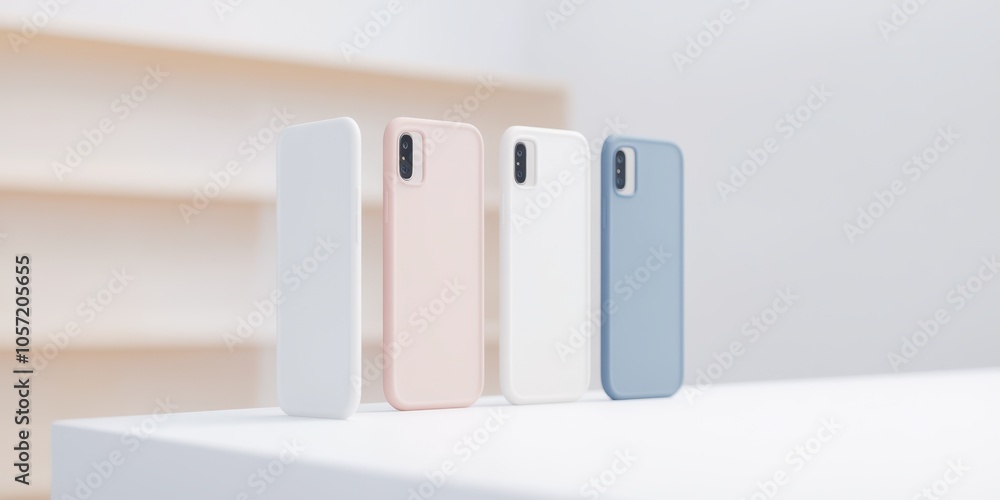 Four smartphone cases in pastel colors arranged on a minimalist table against a blurred background. Four smartphone cases in pastel colors arranged on a minimalist table against a blurred background.