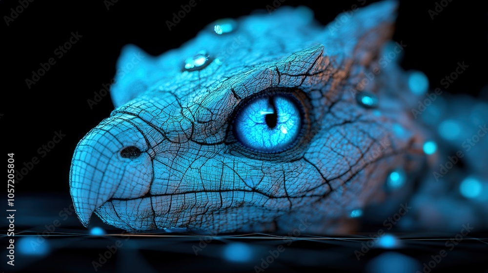 Close up Blue Eyed Dragon Head with Intricate Scales and Glowing Dots Close up Blue Eyed Dragon Head with Intricate Scales and Glowing Dots