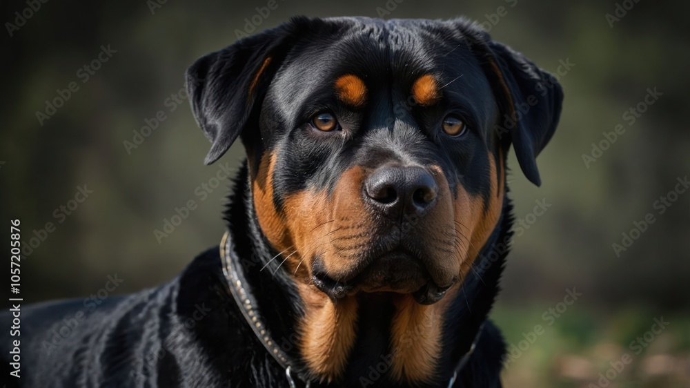 A close-up portrait of a Rottweiler showcasing its features and expression. A close-up portrait of a Rottweiler showcasing its features and expression.