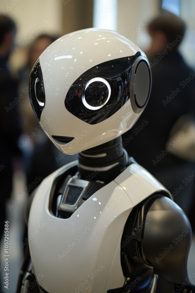 This humanoid robot features a futuristic design with bright, glowing eyes, showcasing advanced technology at a bustling technology expo filled with onlookers This humanoid robot features a futuristic design with bright, glowing eyes, showcasing advanced technology at a bustling technology expo filled with onlookers
