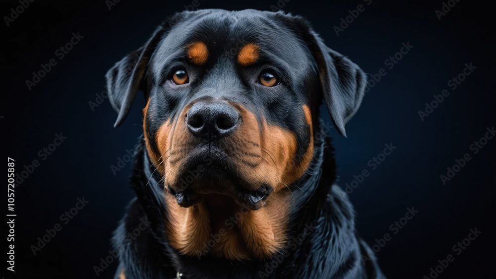 A close-up portrait of a Rottweiler against a dark background, showcasing its features and expression. A close-up portrait of a Rottweiler against a dark background, showcasing its features and expression.