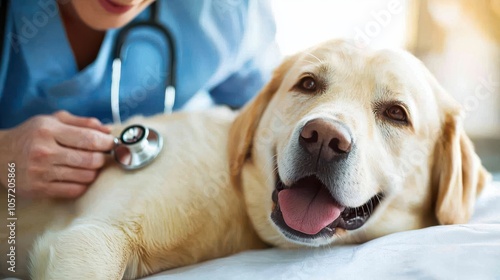 Happy dog resting on a comfortable examination table while a kind veterinarian in scrubs lovingly places a stethoscope on the dogs chest to listen to its heartbeat clinic is well-lit and welcoming photo