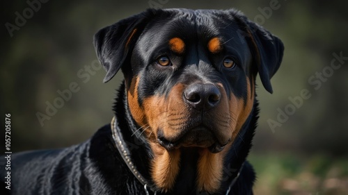 A close-up portrait of a Rottweiler showcasing its features and expression.