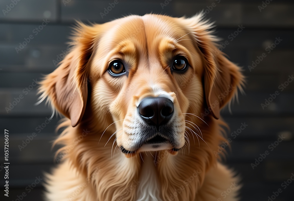 A gentle golden retriever with a soulful expression on a wall background A gentle golden retriever with a soulful expression on a wall background
