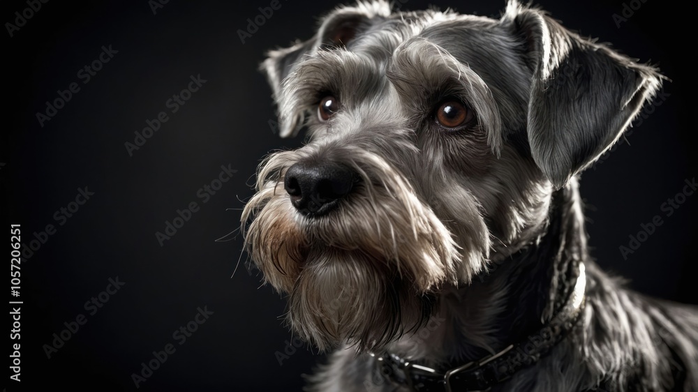 A close-up portrait of a Schnauzer dog with expressive eyes against a dark background. A close-up portrait of a Schnauzer dog with expressive eyes against a dark background.