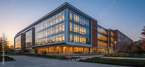 Modern office building with glass facade and brick accents at dusk.