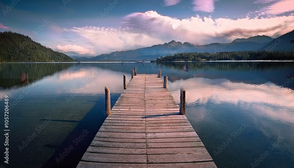Naklejka premium Un pequeño embarcadero de madera, en medio de un lago de aguas tranquilas