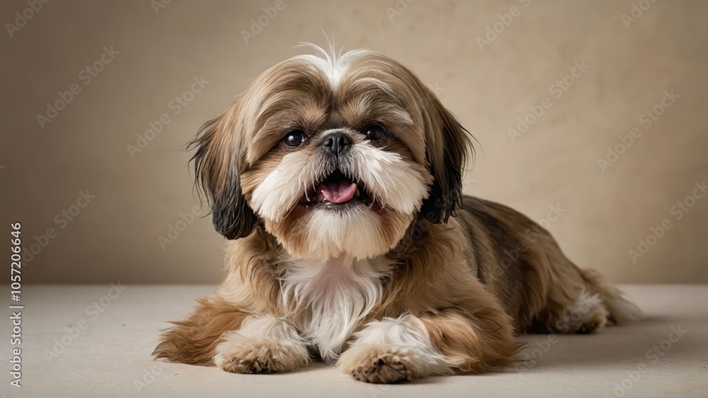 A cute Shih Tzu dog lying down with a playful expression. A cute Shih Tzu dog lying down with a playful expression.