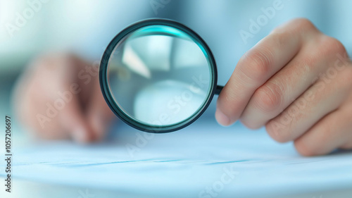 close up of hand holding magnifying glass, examining documents