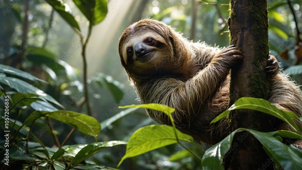 A sloth clings to a tree in a lush rainforest, illuminated by soft sunlight. A sloth clings to a tree in a lush rainforest, illuminated by soft sunlight.