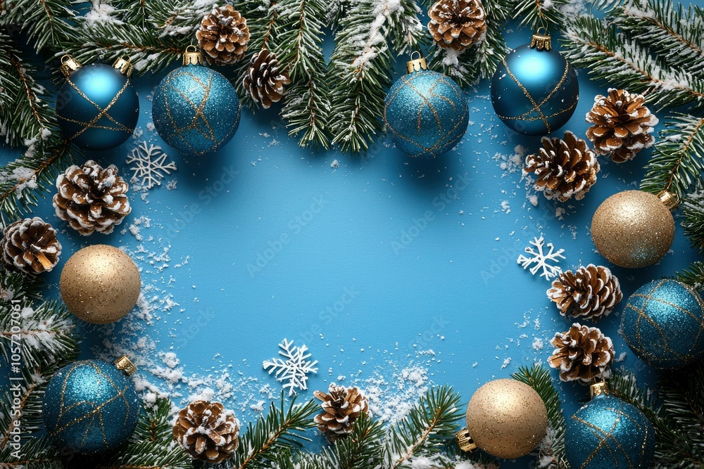 Blue and Gold Christmas Ornaments with Pine Cones and Snow on a Blue Background Blue and Gold Christmas Ornaments with Pine Cones and Snow on a Blue Background