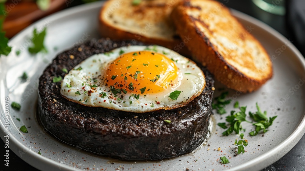 Black Pudding with Fried Egg - black pudding served with a fried egg and toast Black Pudding with Fried Egg - black pudding served with a fried egg and toast