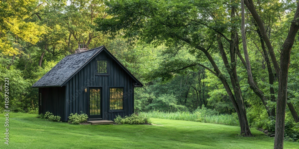 Small dark cabin in lush green forest, charcoal paint, serene woodland. Small dark cabin in lush green forest, charcoal paint, serene woodland.