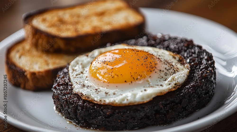 Black Pudding with Fried Egg - black pudding served with a fried egg and toast Black Pudding with Fried Egg - black pudding served with a fried egg and toast