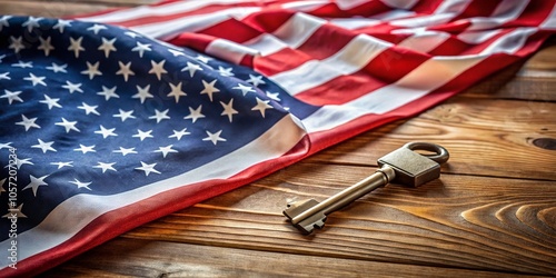 USA Flag with Key on Desk for VA Loan Homeownership Pride - Realistic Close-Up