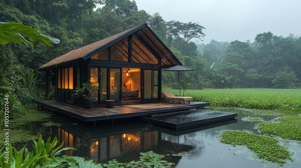 Floating Miniature House Resting Peacefully on Serene Body of Water Floating Miniature House Resting Peacefully on Serene Body of Water