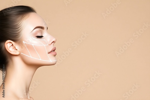 Side view of woman face with white lifting lines on beige background, facial contouring and aesthetic medicine concept with copy space photo