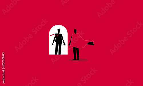 Silhouette of Man in Red Cloak and Mirror Reflection with Tie with Minimal Style Vector Illustration