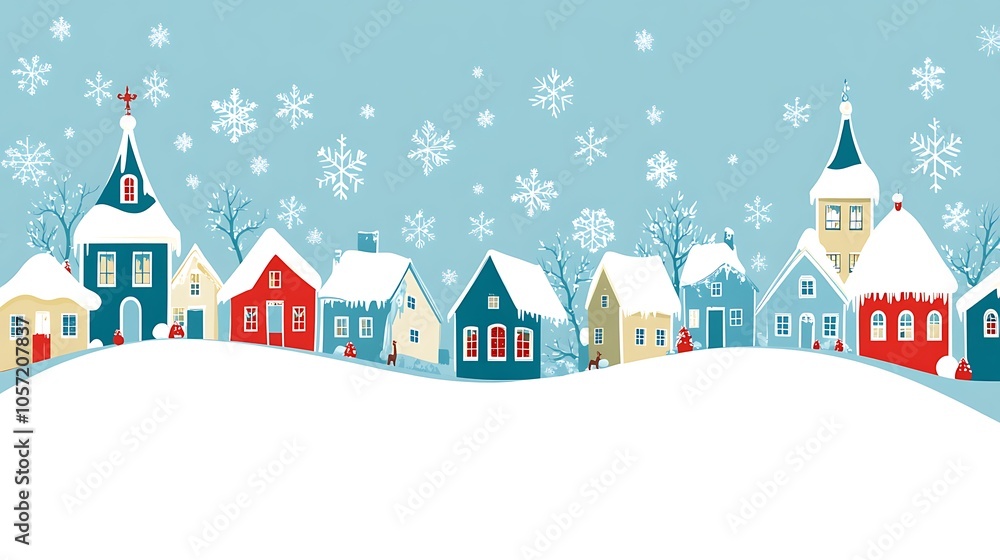 A winter village scene with colorful houses and snowflakes, evoking a festive atmosphere. A winter village scene with colorful houses and snowflakes, evoking a festive atmosphere.