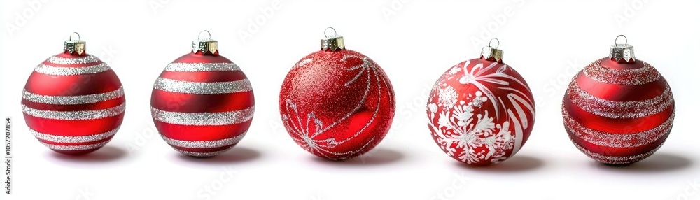 A line of five festive Christmas ornaments in red, decorated with stripes and patterns, perfect for holiday decorating. A line of five festive Christmas ornaments in red, decorated with stripes and patterns, perfect for holiday decorating.