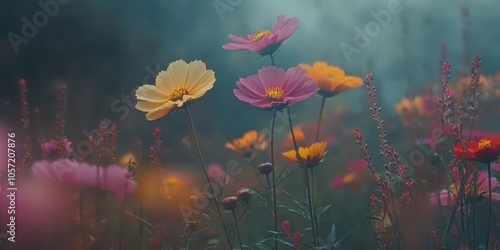 Fototapeta Naklejka Na Ścianę i Meble -  Cosmos flowers blossoming in a field with natural scenery, displaying vibrant colors and natural charm.