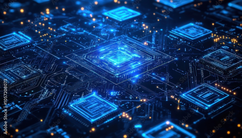 Obraz premium Futuristic circuit board and blockchain network design, featuring high-tech electronic elements 32k high resolution