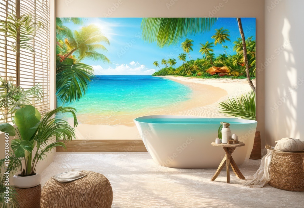 Fototapeta premium vibrant beach destination lush exotic palm leaves crystal clear waters under bright sunshine, leaf, tropical, sand, ocean, coast, sky, clouds, paradise