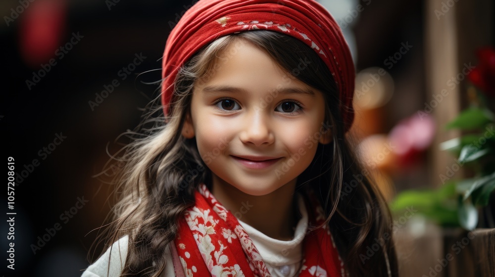 A smiling young girl wearing a red headscarf and scarf, surrounded by a warm, inviting atmosphere. A smiling young girl wearing a red headscarf and scarf, surrounded by a warm, inviting atmosphere.