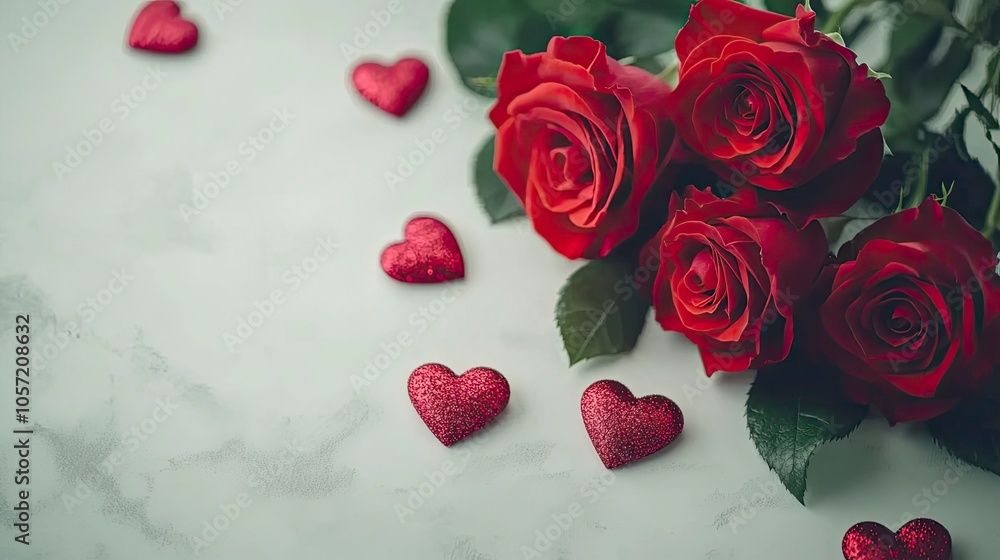 Bouquet of red roses and hearts on white background. Valentine's day, banner format. Place for text. with generative ai Bouquet of red roses and hearts on white background. Valentine's day, banner format. Place for text. with generative ai