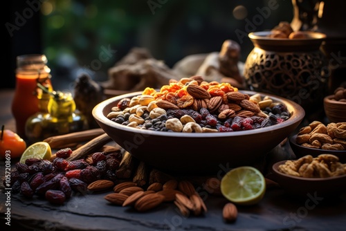 A rustic bowl filled with assorted nuts and dried fruits, surrounded by natural decor.