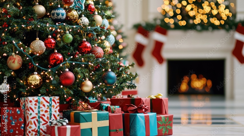 A festive Christmas scene featuring a beautifully decorated tree, wrapped gifts in front, and stockings hung above a warm fireplace. A festive Christmas scene featuring a beautifully decorated tree, wrapped gifts in front, and stockings hung above a warm fireplace.